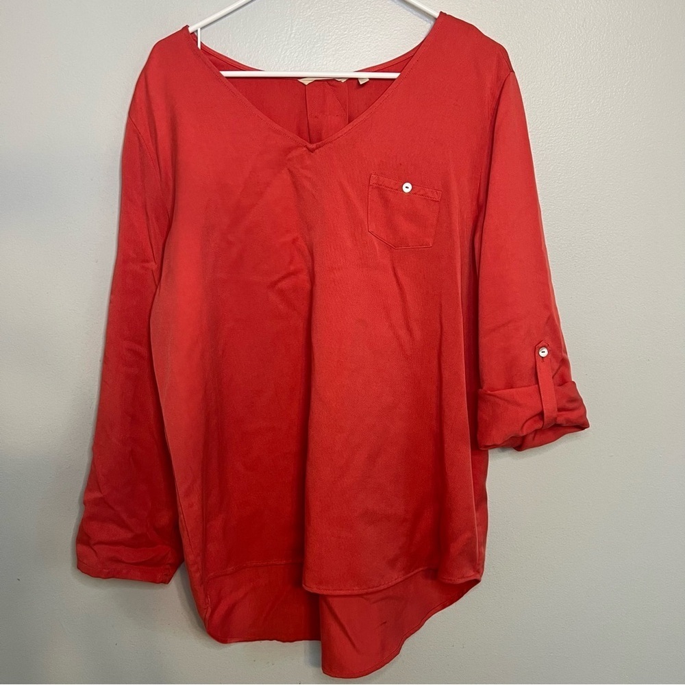 Soft Surroundings Red Pullover Tunic Roll Tab Sleeve Womens Sz L High Low Tencel